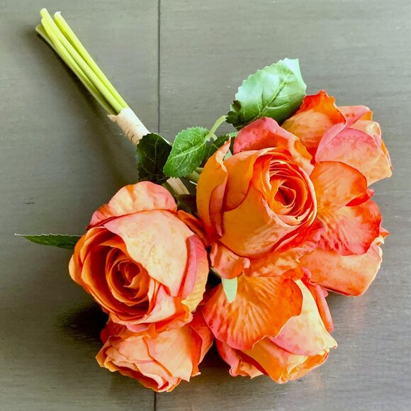 12" Realistic Artificial Flowers Bundle 6 Large Orange Burnt Edge Roses Rosebuds - Picture 2 of 4